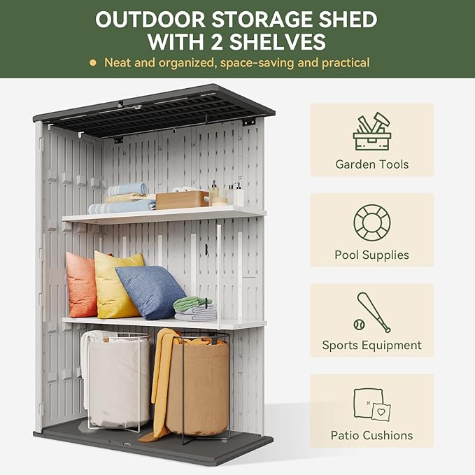 Aoxun 64 Cu.Ft Outdoor Storage Shed with Floor and 2 Shelves, Waterproof Horizontal Resin Cabinet for Garage Storage, Pool Storage, Bike Shed, Garden Shed-VerdiqueGarden