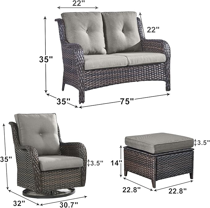 Outdoor Wicker Patio Furniture Set - 5 Piece Rattan Patio Conversation Set with 2 Rocking Swivel Chairs,2 Ottomans and 1 Loveseat for Porch Deck Backyard Garden(Brown/Grey)-VerdiqueGarden