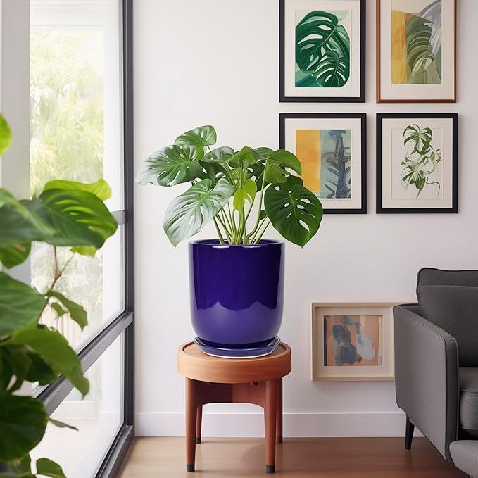 10 Inch Plant Pot - Ceramic Pot for Indoor Plants Large Planter Modern Outdoor Flower Pot with Drainage Hole and Saucer for Home Patio Decor Blue-VerdiqueGarden
