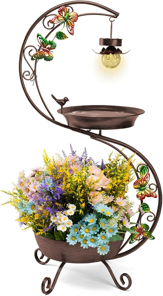 Bird Bath for Outside with Solar Lamp, 36" Birdbaths for Outdoors with Planter Flower Pot, Metal Bird Bath Bowl for Garden Yard Decor (All Vintage Brown)-VerdiqueGarden