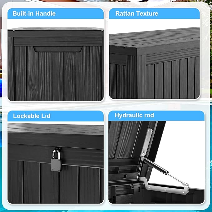 180 Gallon Outdoor Deck Box,Storage Lockable Waterproof Patio Furniture,Garden Tools,Cushions,Pool Accessories Outside Storage Resin Box(Black)-VerdiqueGarden