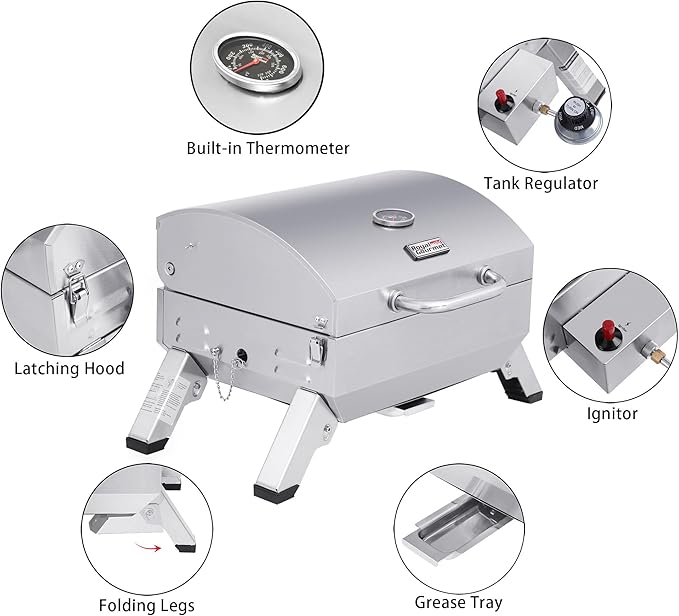 Royal Gourmet GT1001 Stainless Steel Portable Grill, 10000 BTU BBQ Tabletop Gas Grill with Folding Legs and Lockable Lid, Outdoor Camping, Deck and Tailgating, Silver-VerdiqueGarden