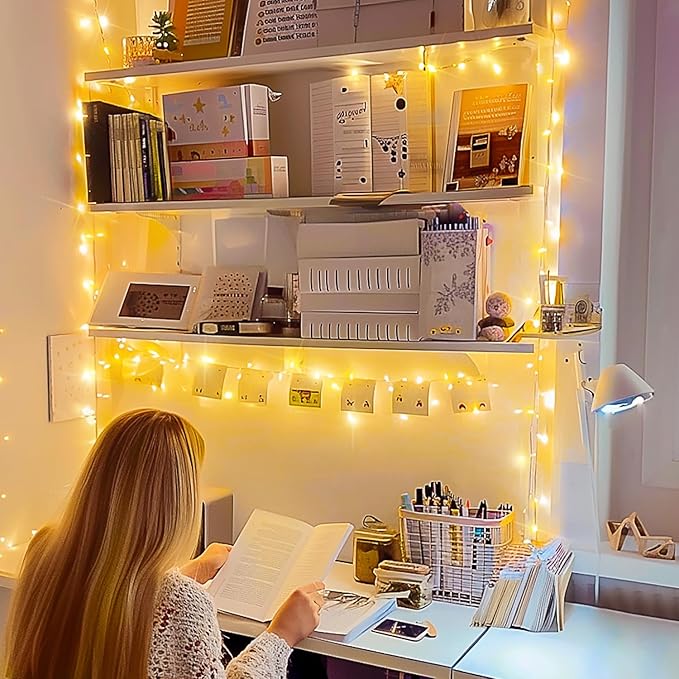 JMEXSUSS Connectable Warm White String Lights Indoor Bedroom, 8 Modes Christmas String Light Plug in Classroom Lights, 33ft 100 LED Fairy Twinkle Light Outdoor for Classroom Christmas Tree Decor-VerdiqueGarden