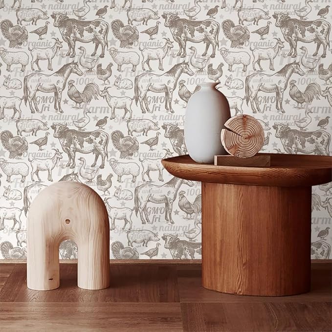 Boho Rustic Farm Animals Cow Rooster Horse Turkey Peel and Stick Wallpaper Self Adhesive Removable Easy Peel Off Stick on Wall Paper for Bedroom Cabinet Renter-VerdiqueGarden
