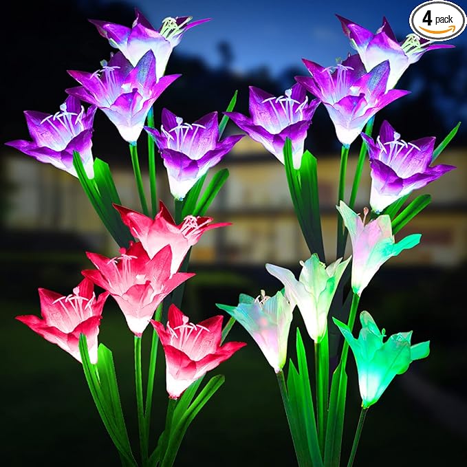 KOOPER Solar Lights, 4 Pack Lily Flower Lights, Waterproof 7 Color Changing - Bigger Solar Panel for Outdoor Patio Yard Garden Decoration-VerdiqueGarden