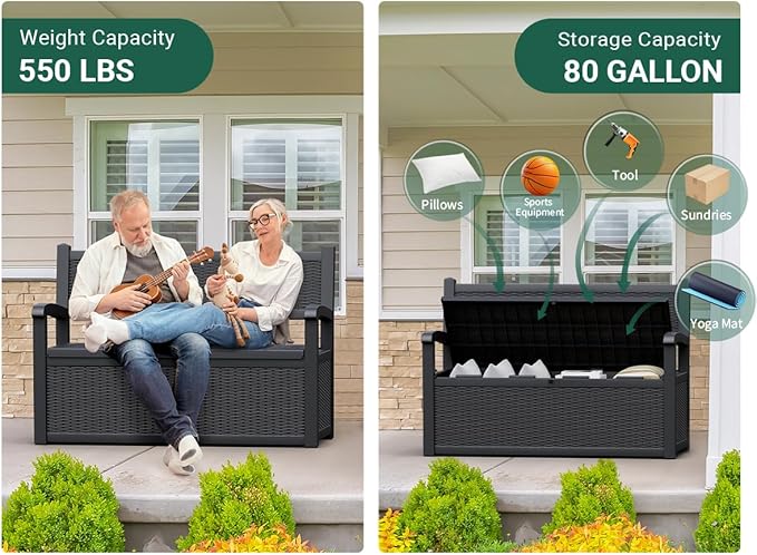 80 Gallon Outdoor Storage Box, Resin Patio Furniture with Armrest, Lockable Deck Box with Waterproof and UV Resistant for Patio Cushions, Garden Tools and Pool Supplies, Black-VerdiqueGarden