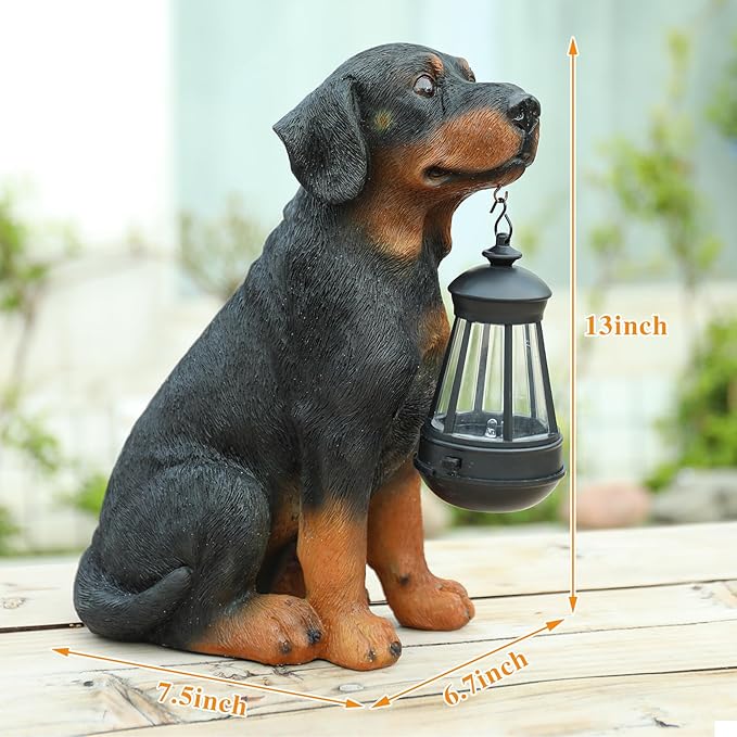 Garden Dog Statues Outdoor Decor, 13" Solar Powered LED Lights Outdoor Statue Garden Decorations Rottweiler Figurine for Patio, Lawn, Yard Art Decoration, Housewarming Garden Gift-VerdiqueGarden