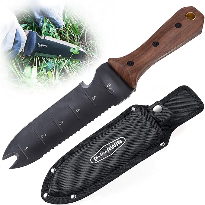 Hori Hori Garden Knife, Garden Tools with Sheath for Weeding,Planting,Digging, 7" Stainless Steel Blade with Cutting Edge, Full-Tang walnut Wood Handle with Hanging Hole-VerdiqueGarden