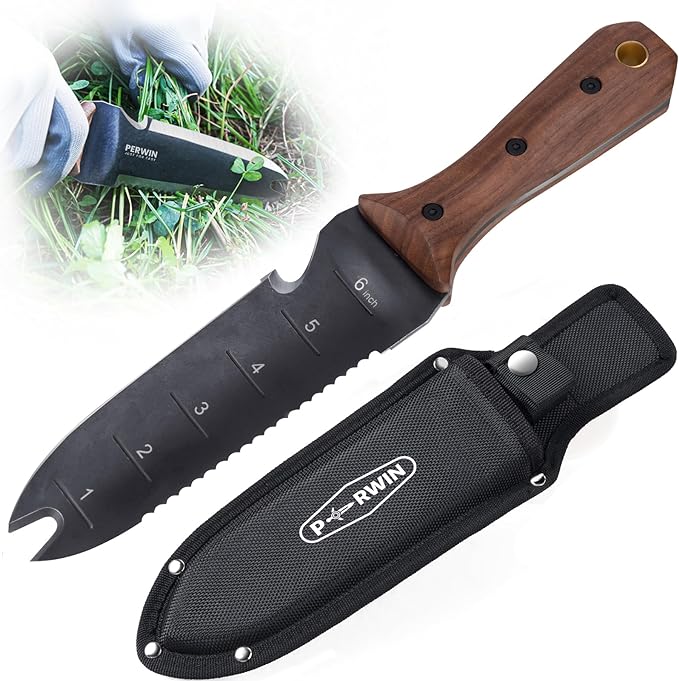 Hori Hori Garden Knife, Garden Tools with Sheath for Weeding,Planting,Digging, 7" Stainless Steel Blade with Cutting Edge, Full-Tang walnut Wood Handle with Hanging Hole-VerdiqueGarden