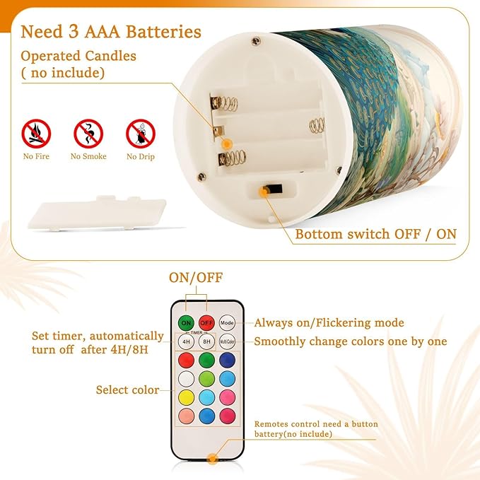 Flickering Flameless Candles, Peacock Garden LED Candles with Remote Timer, Set of 2 Battery Operated Candle for Valentine Wedding Birthday-VerdiqueGarden