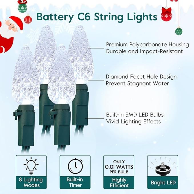 C6 LED Christmas String Lights, 20 ft 60 LED Battery Operated Faceted Strawberry Lights, Waterproof for House Roof Roofline Christmas Tree, White, 2 Pack-VerdiqueGarden
