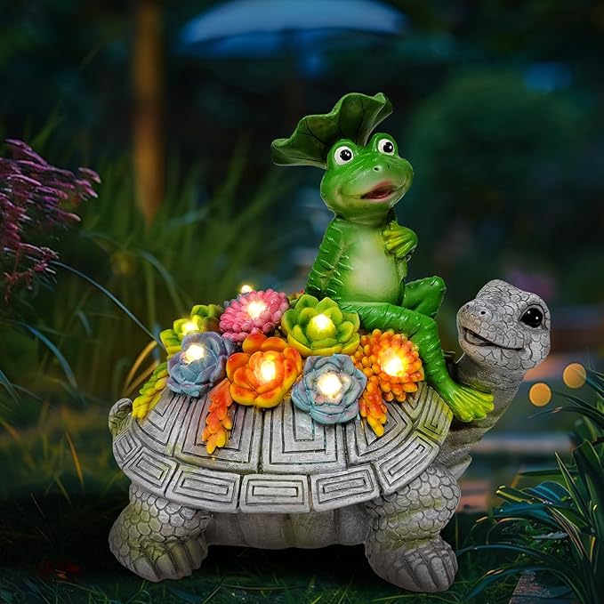 ILLUMINEW Solar Garden Outdoor Statues Turtle& Frog with Succulent and 8 LED Lights, Turtle Carrying Lotus Leaf Frog Figurines, Lawn Decorations for Patio Yard Gifts for Mom Grandma Housewarming-VerdiqueGarden