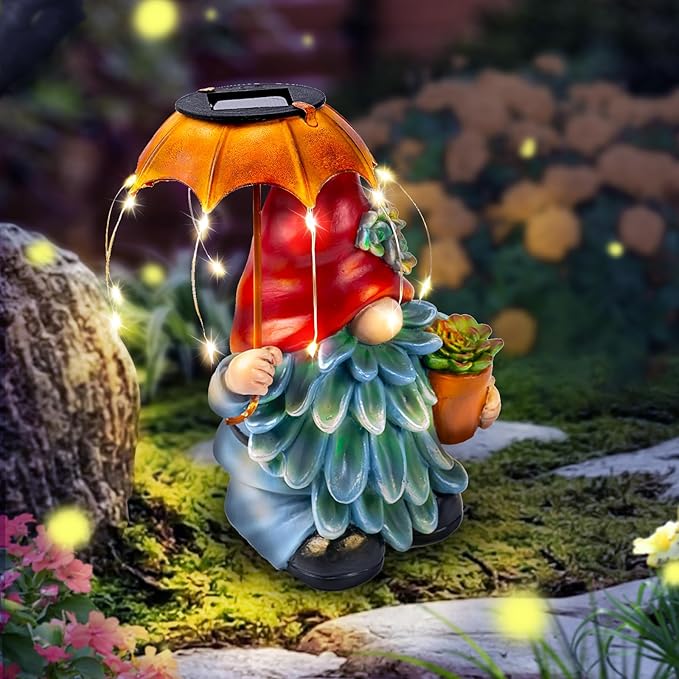 Solar Outdoor Statues Gnome Garden Decor, Garden Gnome with Solar LED Umbrella Decorative for Patio, Balcony, Lawn, Yard Ornament - Unique Gardening Gifts for Mom Grandma-VerdiqueGarden