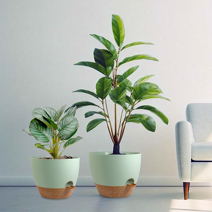 10/9/8 inch Self Watering Pots, Planter, Plant Pots with Mesh Drainage Holes for Indoor Outdoor Garden Plants, Plastic Flower Pots with Deep Reservoir for House Plants, Green with Brown-VerdiqueGarden