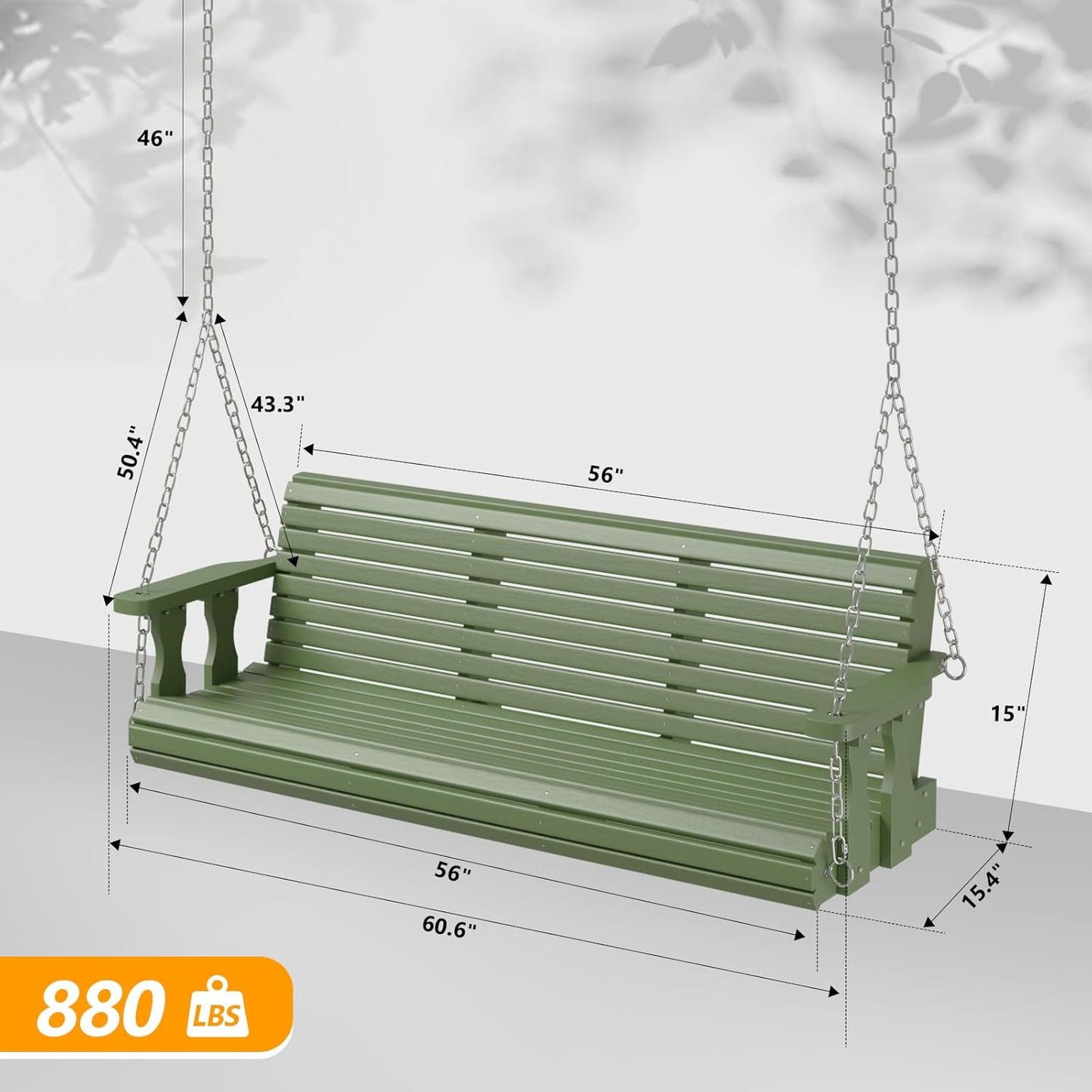 VINGLI Upgraded Patio Wooden Porch Swing for Courtyard & Garden, Heavy Duty 880 LBS Swing Chair Bench with Hanging Chains for Outdoors (Green, 5 FT)-VerdiqueGarden