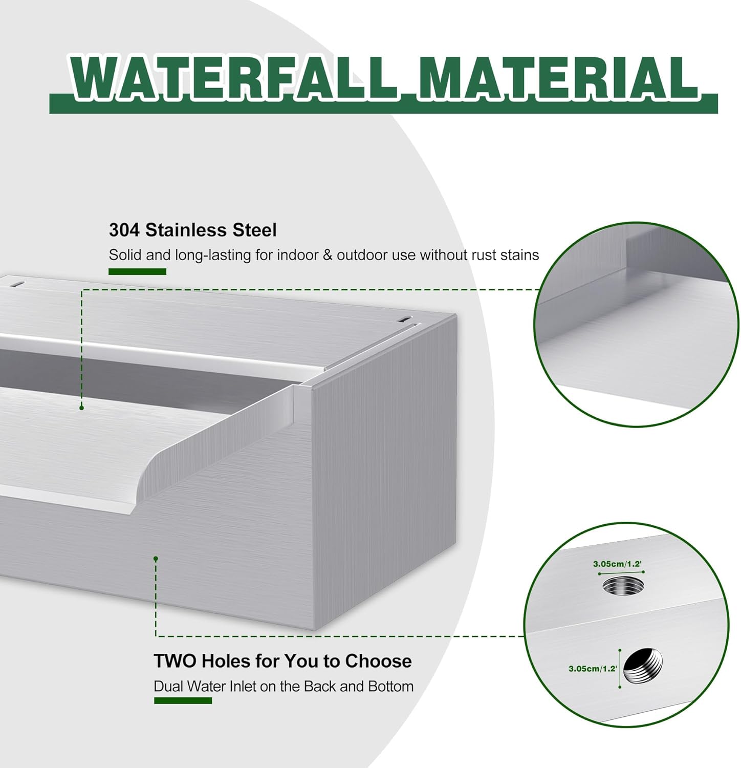 Pond Waterfall Spillway LONGRUNNEW 304 Stainless Steel 11.8" Rectangular Waterfall Spillway, Water Fall Fountain with Pipe Connector for Garden Outdoor, Swimming Pools, Fountains, Pond and Spa-VerdiqueGarden