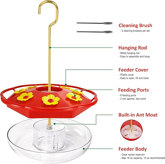 Hummingbird Feeders for Outdoors Hanging - 8 Feeding Ports 16 oz Plastic Hummingbird Feeder, Bee-Proof Leak-Proof No Drip, Easy to Clean with Cleaning Brushes-VerdiqueGarden