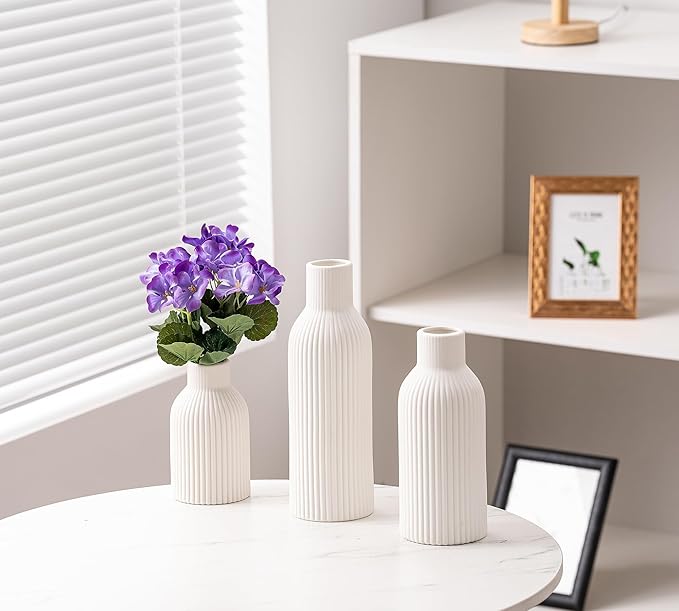 Ceramic Vase Set of 3, Flower Vases for Spring Room Decor, Kitchen Farmhouse, Modern Boho Style(White)-VerdiqueGarden
