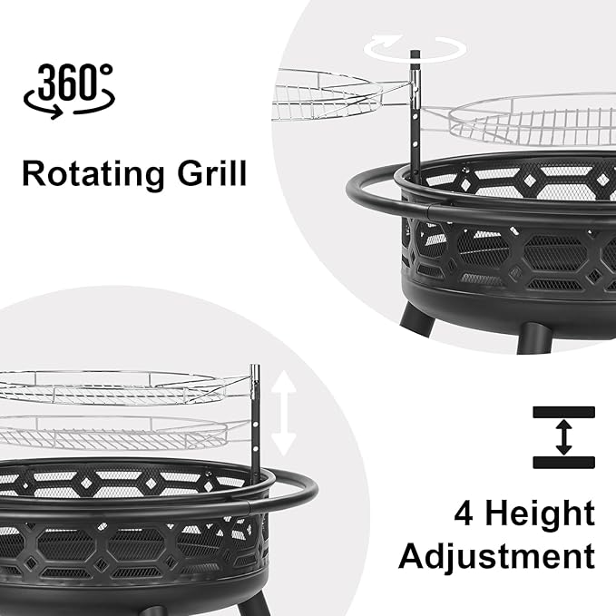 36 Inch Fire Pit, Outdoor Wood Burning Firepit with Removable Grill & Poker, Heavy Duty Metal Round Fireplace,2 in 1 Large Bonfire for Outside,BBQ,Yard,Patio-VerdiqueGarden