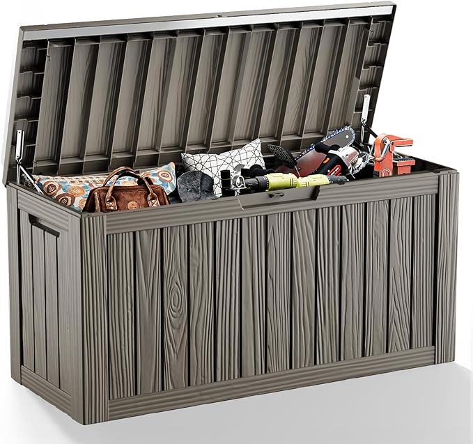 81 Gallon Outdoor Storage Box Waterproof, UV Resistant Resin Deck Box with Hydraulic Rod, Lockable Design and Enhanced Durability for Patio, Garden, and Poolside Use-VerdiqueGarden
