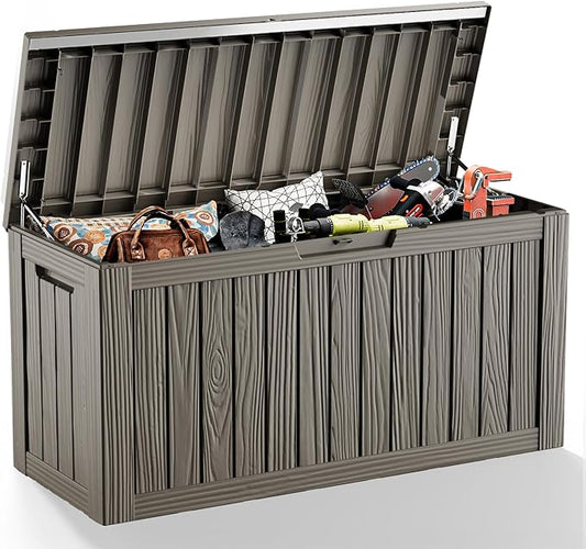 81 Gallon Outdoor Storage Box Waterproof, UV Resistant Resin Deck Box with Hydraulic Rod, Lockable Design and Enhanced Durability for Patio, Garden, and Poolside Use-VerdiqueGarden
