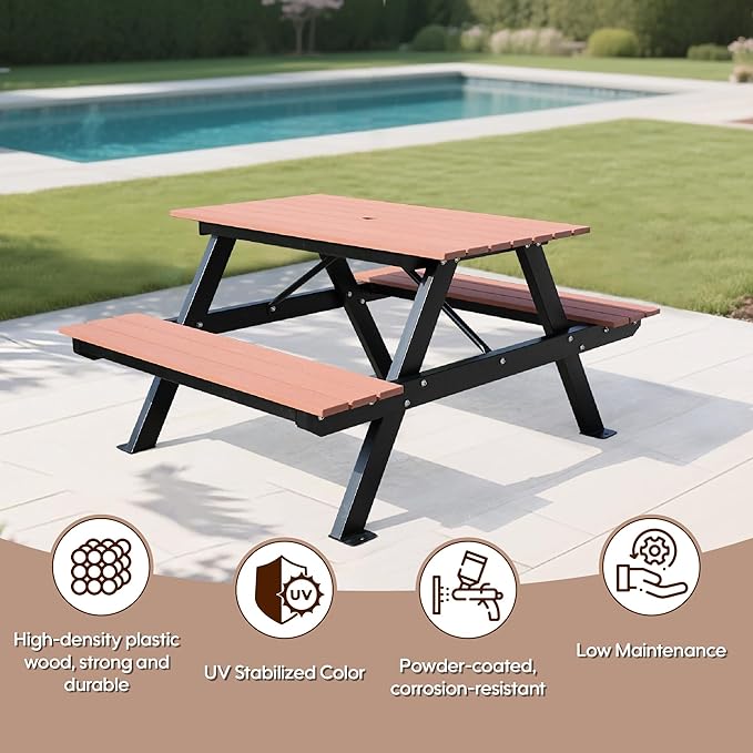 4FT Outdoor Picnic Table and Bench Set with 2" Umbrella Hole, WPC Tabletop Seattop Patio Dining Set for 4 People, Outdoor Dining Table and Chair for Park Garden Yard Patio- Brown-VerdiqueGarden