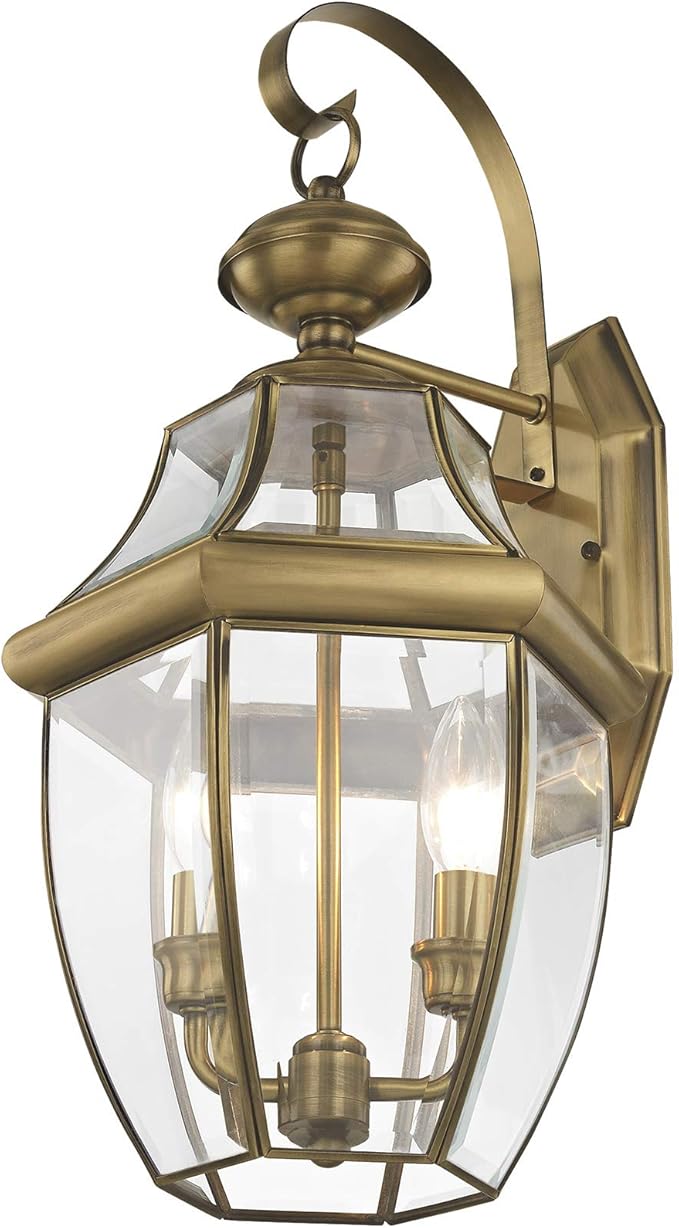 Livex Lighting 2251-01 Monterey 2 Light Outdoor Antique Brass Finish Solid Brass Wall Lantern with Clear Beveled Glass-VerdiqueGarden