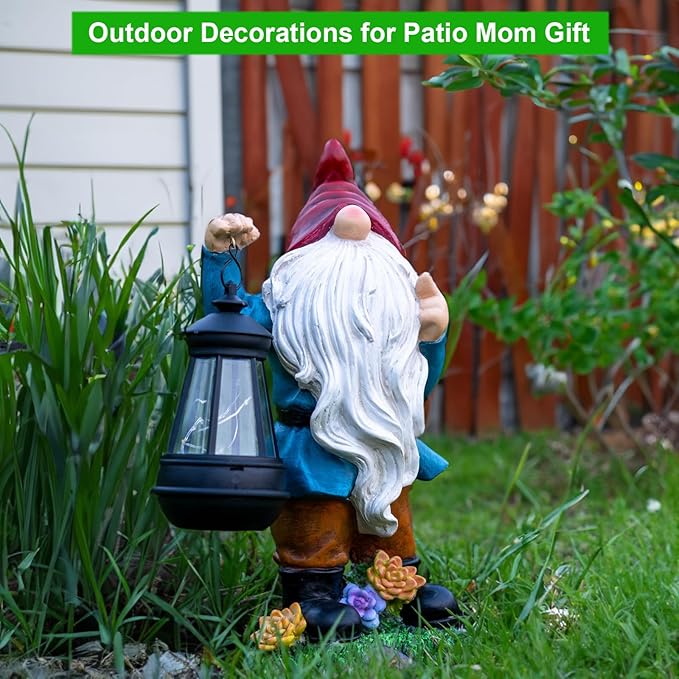 Solar Garden Statue Lights Gnome Figurine with Solar Lantern, Outdoor Garden Succulent Ornaments Waterproof Christmas Decoration for Outside Patio Yard Lawn Decor-VerdiqueGarden