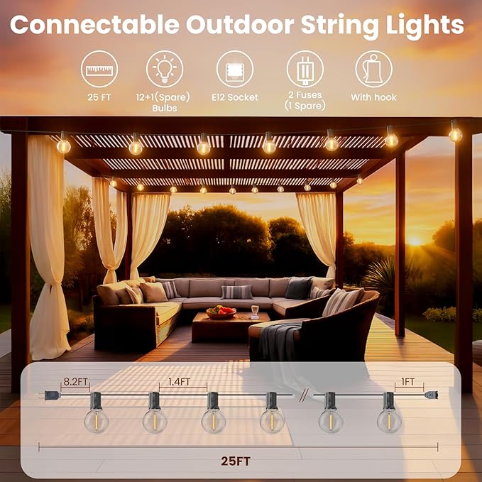 RTTY Outdoor String Lights 25 FT, G40 Led Patio Globe Lights with 13pcs Bulbs,Waterproof Shatterproof Dimmable Connectable Hanging for Cafe Bistro Backyard Gazebo Balcony Deck Party-VerdiqueGarden