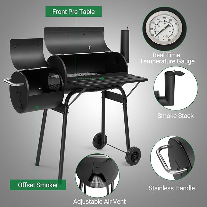 Outvita Outdoor BBQ Charcoal Grill, Portable Camping Grill for 6-10 People with Offset Smoker & Wheels for Patio Backyard Picnic-VerdiqueGarden