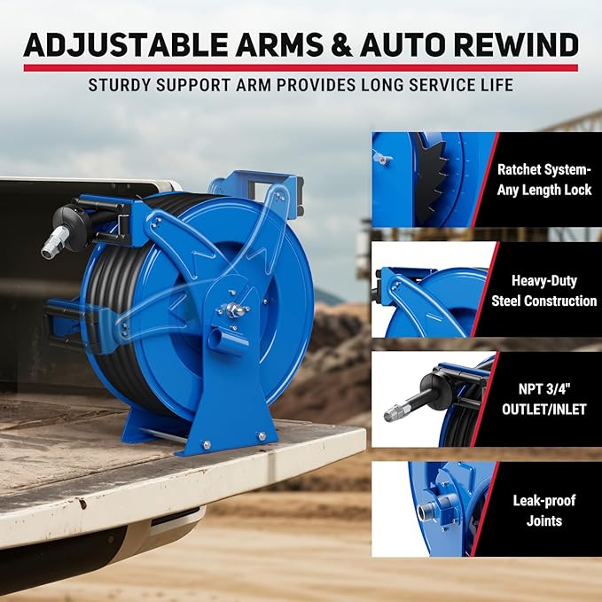 Fuel Hose Reel Retractable with Fueling Nozzle, 3/4" x 50" Heavy Duty Steel, 300PSI Industrial Auto Swivel, Spring Driven Diesel Hose Reel for Construction Farm Ship Vehicle Tank, Blue-VerdiqueGarden