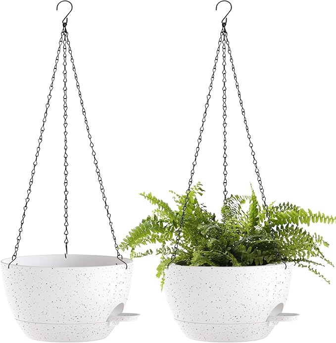 12 Inch Hanging Baskets 2 PC with Chains, Self-Watering Hanging Planters for Indoor Outdoor Plants, Plastic Hanging Flower Pots,Speckled White-VerdiqueGarden