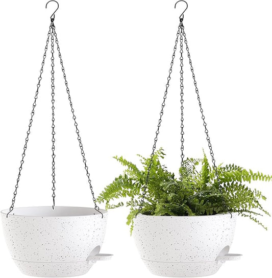 12 Inch Hanging Baskets 2 PC with Chains, Self-Watering Hanging Planters for Indoor Outdoor Plants, Plastic Hanging Flower Pots,Speckled White-VerdiqueGarden