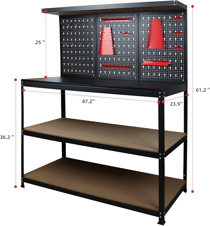 48inch Workbench with Peg Board, Multipurpose Tool Organizer and Work Bench with Double Storage Platform, Workbench in Garage Workshop (48" x 24" x 61")-VerdiqueGarden
