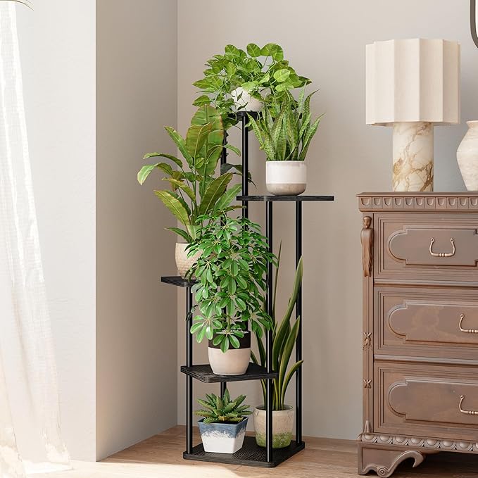 Bamworld Corner Plant Stand Indoor, 5 Tier Metal Plant Shelf for Multiple Plants, Tall Flower Stand for Patio Garden Balcony Living Room Bedroom(Black)-VerdiqueGarden