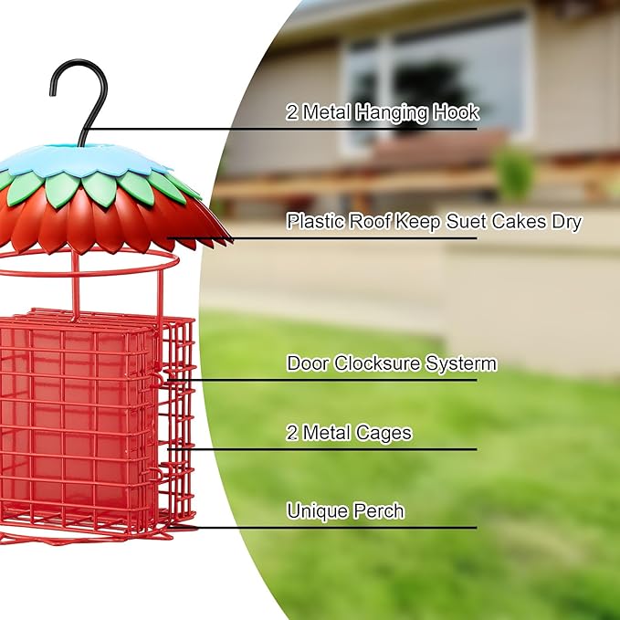 Suet Feeder Double with Weather Guard & Ant Moat, Skaithee Bird Feeders for Outdoors Hanging with 2 Holders Keep Cakes Clean & Fresh Attracts Wild Birds Great for Woodpecker & Clinging Birds, Red-VerdiqueGarden