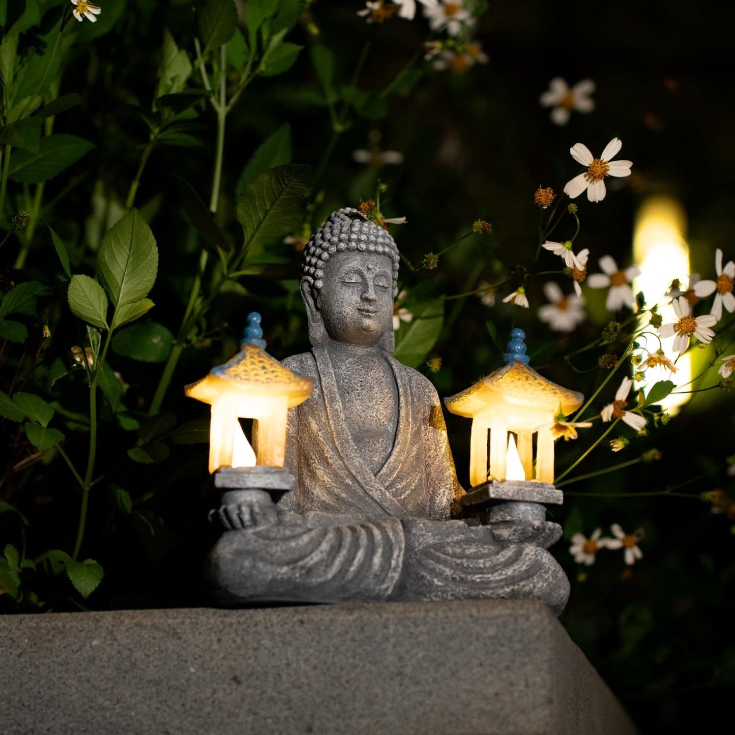 Meditating Buddha Statue with Solar Lights, Zen Garden Decor for Home, Patio, Yard, Outdoor – Unique Gift for Women and Friends(Two Pavilions)-VerdiqueGarden