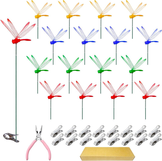 Jongdari 16 Sets Dragonfly Hat Clip Realistic Fake Dragonflies Clip-On Garden Outdoor Decor Stakes Plastic Dragon Fly Clips Plant Decorations for Pots, Includes Pliers & Clips - Small-VerdiqueGarden