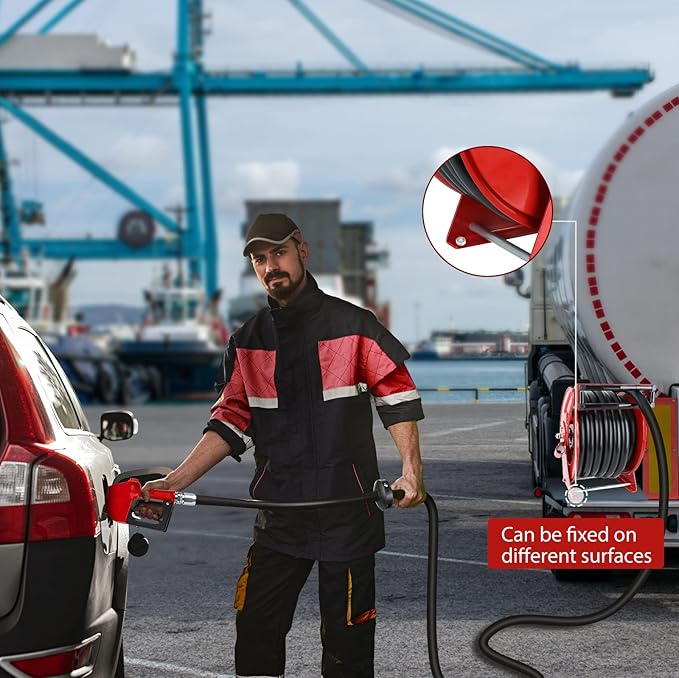 Fuel Hose Reel with Fueling Nozzle, 1" x 50FT Retractable Diesel Hose Reel, 300 PSI Industrial Heavy Duty Auto Swivel Rewind Hose Holder Reels, for Vehicle Tank Truck Trailer Ship-VerdiqueGarden