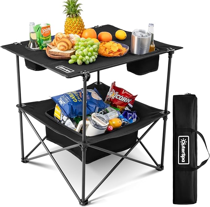 Folding Camping Table, Portable Outdoor Picnic Table, Rectangular Lightweight Camp Table with Storage, Cup Holder and Carry Bag for Barbeque Beach Camping and Tailgate-VerdiqueGarden