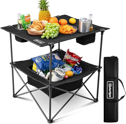 Folding Camping Table, Portable Outdoor Picnic Table, Rectangular Lightweight Camp Table with Storage, Cup Holder and Carry Bag for Barbeque Beach Camping and Tailgate-VerdiqueGarden