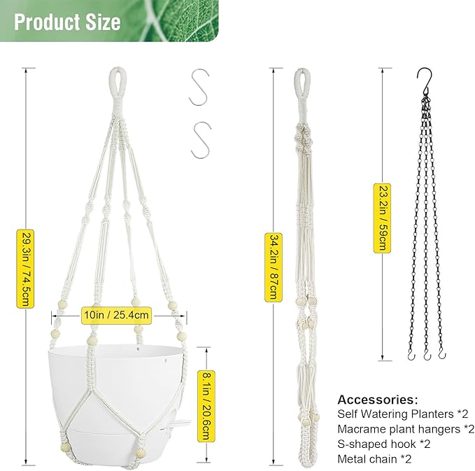 10 inch Self Watering Hanging Planters, 2 Pack Hanging Flower Pots for Indoor Outdoor Plants, Hanging Baskets with Drainage Holes & 2 Kinds of Plant Hangers for Garden Home Decor, White-VerdiqueGarden