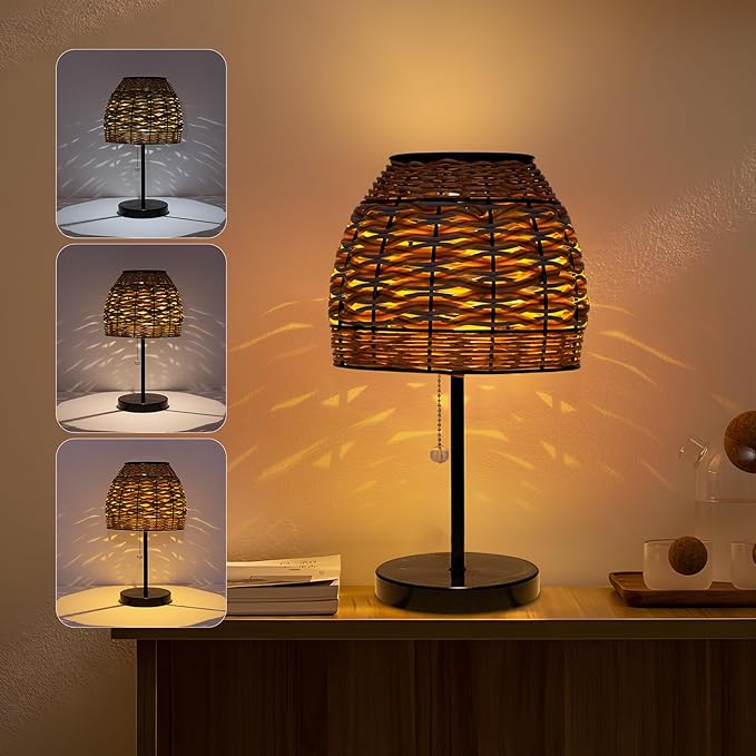 Outdoor Solar Table Lamp,3 Color Temperatures Bedside Lamps with USB-C Ports,Boho Desk Lamps Pull Chain Table Lamps with Black Metal Base for Garden,Yard,Patio,Lawn Outdoor Decor-VerdiqueGarden