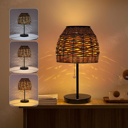 Outdoor Solar Table Lamp,3 Color Temperatures Bedside Lamps with USB-C Ports,Boho Desk Lamps Pull Chain Table Lamps with Black Metal Base for Garden,Yard,Patio,Lawn Outdoor Decor-VerdiqueGarden