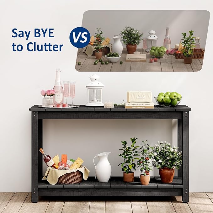 Outdoor Console Table, 48" Weather Resistant HIPS Patio Side Table, 440LBS Weight Capacity, 2-Tier Multifunctional Buffet Bar Storage Organizer for Garden Deck, Black-VerdiqueGarden