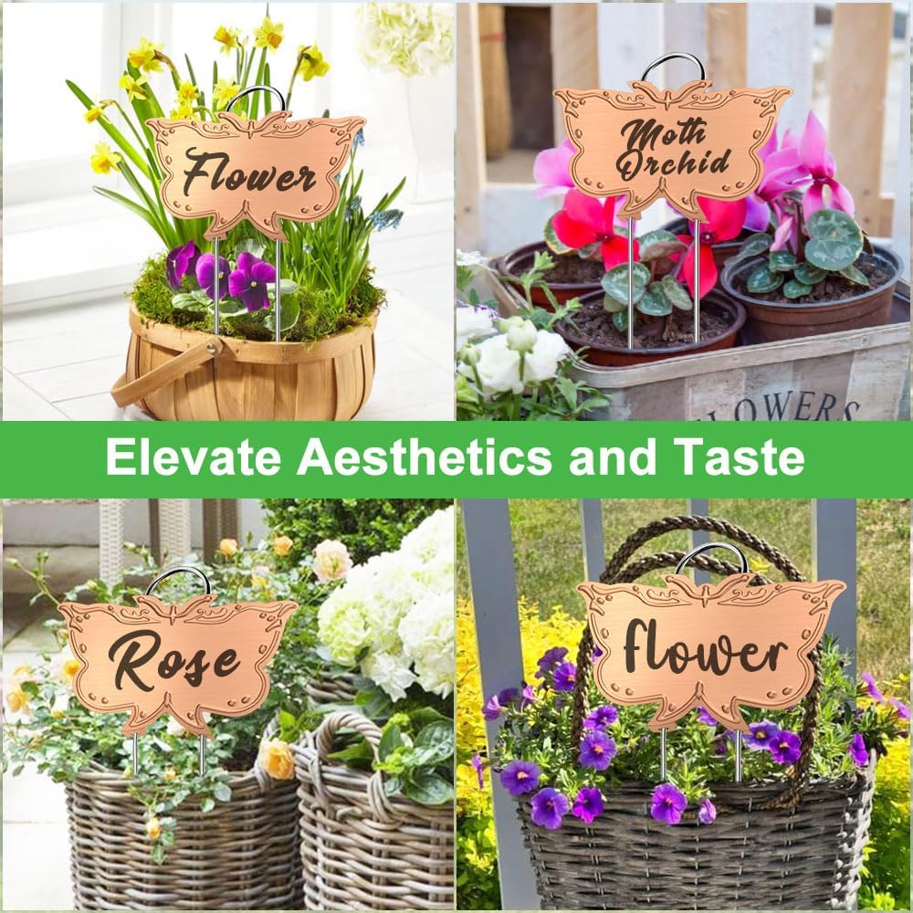 Metal Plant Labels, Tall Outdoor Butterfly Garden Markers for Flowers, Fruits and Vegetables, 304 Stainless Steel Weatherproof Signs (25 Packs, 4" x 2.3", Gold Butterfly Design)-VerdiqueGarden