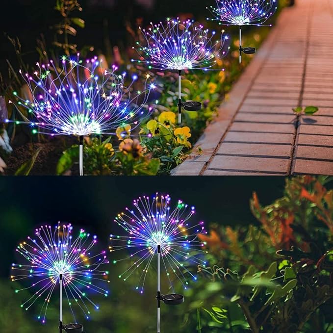Honche Pack of 4 Upgrade Solar Fireworks 120LEDs Garden Fairy Lights, ROHS CE Certified 120 Led DIY Shapes Multicolored Lights IP65 Weatherproof for Christmas Pathway Parties Garden Decor-VerdiqueGarden