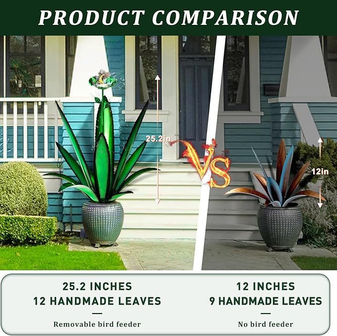 [2024 Upgraded] Large Metal Agave Yard Art, Tequila Rustic Sculpture, Hand Painted Metal Agave Plants with Bird Feeder, Garden Sculpture Statue Outdoor Decor (Green)-VerdiqueGarden