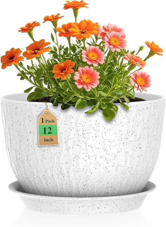 12 Inch Wide Water Ripples Flower Pots for Indoor or Outdoor Plants, Large Plant Pots with Drainage Holes & Saucer, Plastic Planters Set for Garden & Home Decor (White with Black Speckles)-VerdiqueGarden
