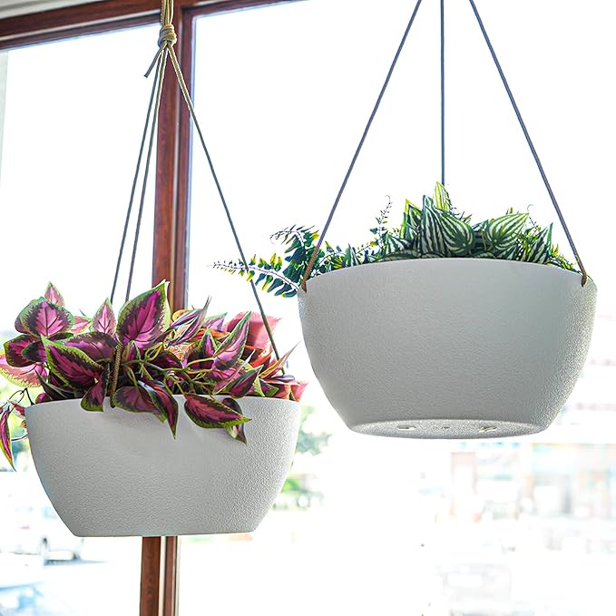 12 Inch 2 Pack Large Hanging Planters for Indoor Outdoor Plants, Plastic Hanging Basket Pots for House Plants Flowers, White-VerdiqueGarden